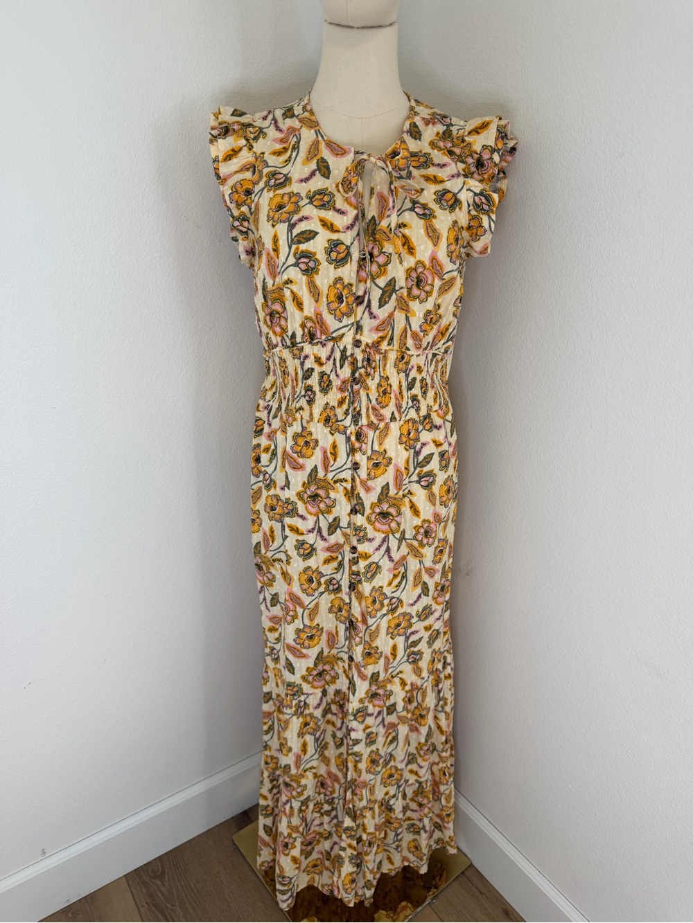 Sonoma Cream Maxi Dress with Mustard and Pink Floral Print Cotton Blend Size M